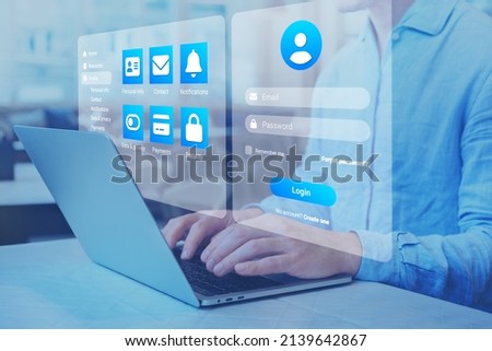 Login page with password to access online profile account. Secured connection and personal data security on internet. Cybersecurity and sign in form. User working on laptop computer.