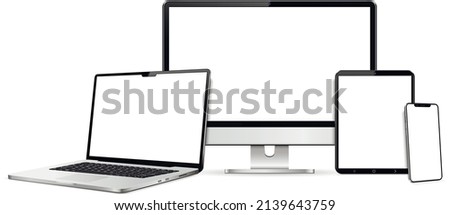 Realistic device set: monitor, laptop, tablet and smartphone Royalty-Free Stock Photo #2139643759