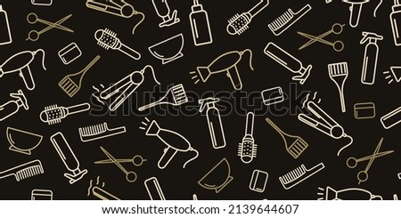 Professional equipment for hairdressing salon. Hair stylist tools horizontal seamless vector pattern. Linear icons haircut, hair coloring. Golden outline on a black background. For printing, banners. Royalty-Free Stock Photo #2139644607