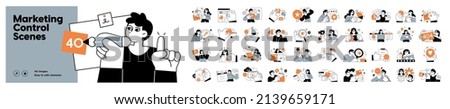 Business Marketing illustrations. Mega set. Collection of scenes with men and women taking part in business activities. Trendy vector style Royalty-Free Stock Photo #2139659171