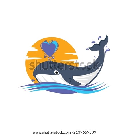 illustration of a whale spouting water in the shape of a blue heart vector icon