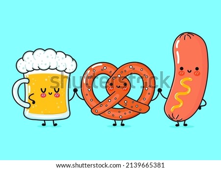 Cute, funny happy glass of beer, pretzel and sausage with mustard. Vector hand drawn cartoon kawaii characters, illustration. Funny cartoon glass of beer, pretzel and sausage mustard mascot friends Royalty-Free Stock Photo #2139665381