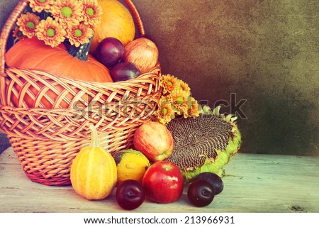 Autumn nature concept. Fruit and vegetables on wood. Thanksgiving dinner.