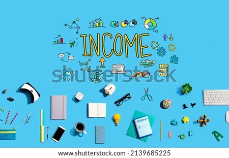 Income with collection of electronic gadgets and office supplies