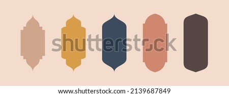 Collection of oriental style Islamic ramadan kareem and eid mubarak windows and arches with modern style design, door mosque, mosque dome and lanterns. Ramadan and eid mubarak illustration.