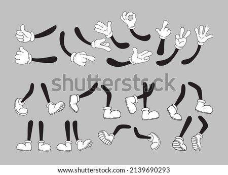 Hand feet mascot animation. Different movement legs and hands comic character, expression foot in shoes, cartoon arm victory, drawing kick finger, neat vector illustration. Cartoon character animation Royalty-Free Stock Photo #2139690293