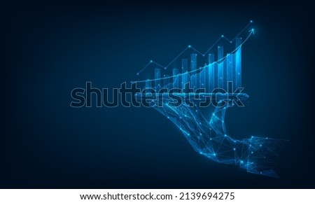 businessman hand holding tablet  showing graph growth stock. finance forex trading technology. Economy trends investment concept. vector illustration digital design. isolated on blue dark background. Royalty-Free Stock Photo #2139694275