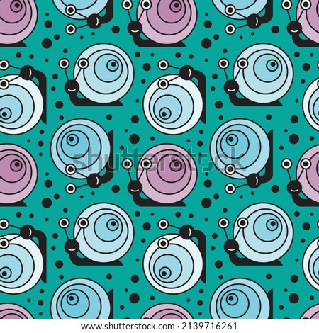Funny cartoon snail seamless pattern on green background. Vector illustration.