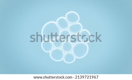 Macro shot of soap bubble cluster of twelve small bubbles on blue background | Abstract skin care cosmetics ingredients concept