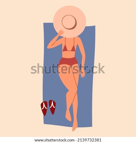 A woman is lying on her back and sunbathing on the sand. Vector isolated illustration in a flat style
