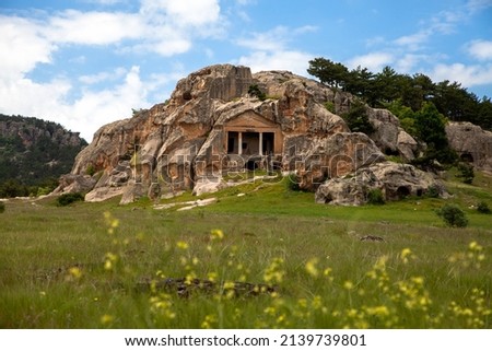 View of the rock formations and ancient rock tombs of the Phrygian valley Royalty-Free Stock Photo #2139739801