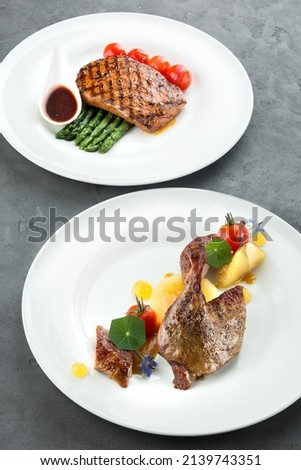 Grilled steak. Food photography, light background