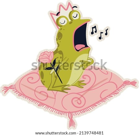 Singing frog (before he became a prince), fairytale vector illustration. Use for baby t-shirt print, fashion print design, kids wear, baby shower, celebration, greeting and invitation.