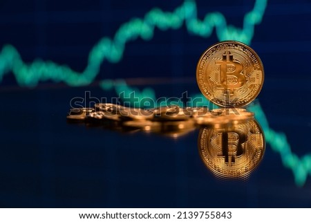 Bitcoin chart background, Bitcoin price news concept idea. Cryptocurrency value getting higher with green indicator in stock market. Crypto trading