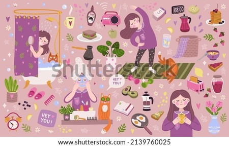Vector cute morning illustration with girl and thematic elements