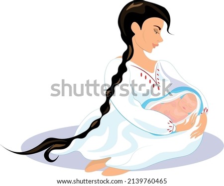 Tender illustration of a mother with a child.A young mother holds her baby in her arms. The child sleeps sweetly, and the mother sways him in her arms