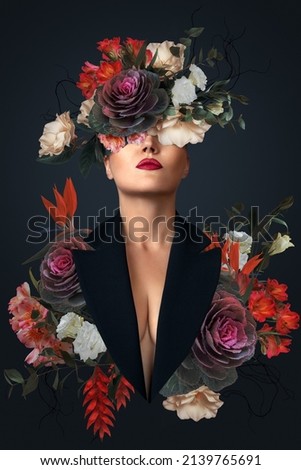 Abstract contemporary art collage portrait of young woman with flowers Royalty-Free Stock Photo #2139765691