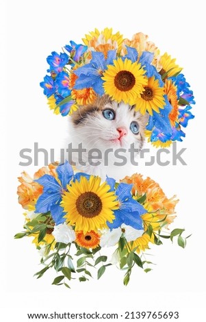 Abstract contemporary art collage portrait of young kitten with flowers isolated on white background Royalty-Free Stock Photo #2139765693