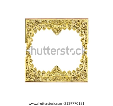 Colorful gable temple structure stencil patterns decorative on wood entrance arches with gold yellow flower branch isolated on white background , clipping path	