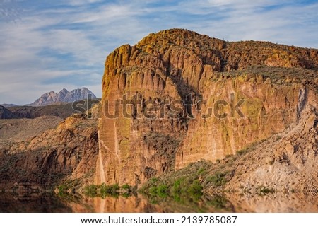 Landscape of Canyon Lake near sunset, Superstition Wilderness Area,  Apache Trail, Tonto National Forest, Arizona, USA Royalty-Free Stock Photo #2139785087
