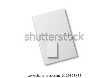 top view notebook with vertical business card mockup isolated on white background