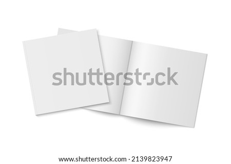 Vector mockup of two white paperback magazines with transparent shadow. Blank realistic square magazine, book, brochure or booklet template opened and closed on white background. 3d illustration