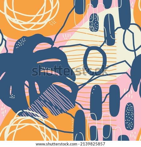 Stylish print, seamless pattern, background with hand-drawn shapes, strokes, doodles, a palm leaf. Stylish vector illustration 