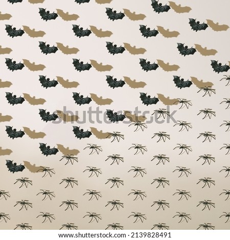 Halloween pattern of black flying bats and poisonous spiders with shadows on neutral beige background.