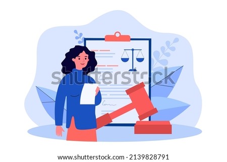 Lawyer working on judicial contract. Tiny woman standing with judges gavel and legal document flat vector illustration. Legislation, law concept for banner, website design or landing web page Royalty-Free Stock Photo #2139828791