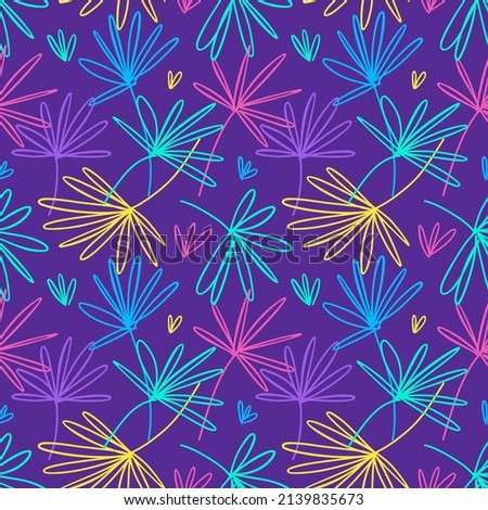 Seamless pattern with neon tropical palm leaves