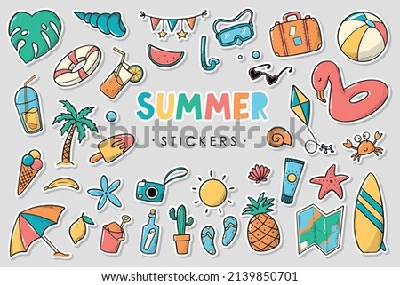 Set of 35 summer stickers with white edge. Good for labels, prints, sublimation, cards, magnets, scrapbooking, clip art, stationary, etc. EPS 10