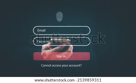 Security password login online concept  Hands typing and entering username and password of social media, log in with smartphone to an online bank account, data protection from hacker Royalty-Free Stock Photo #2139859311