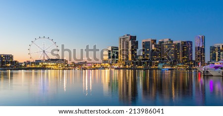 Panoramic image of the docklands waterfront area of Melbourne at night Royalty-Free Stock Photo #213986041