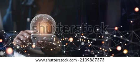 Woman using mobile smartphone with global network connection, digital technology development. Futuristic technology background Royalty-Free Stock Photo #2139867373