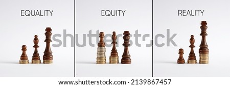 Chess pieces differences with coins showing the concepts of equality, equity and reality. Royalty-Free Stock Photo #2139867457
