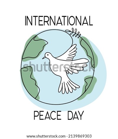 Flying pigeon with a branch . Dove of peace on the background of planet Earth. Hand drawn line sketch.  Bird symbol of hope, emblem against violence and military conflicts.  Vector illustration