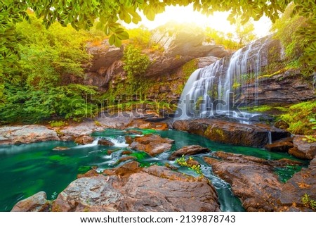 waterfall view in spring. Spring colors in stunning waterfall scenery. nature landscape in summer. majestic stream and river view. nature scene on a sunny summer day. Uludag mountain, Bursa, Turkey. Royalty-Free Stock Photo #2139878743