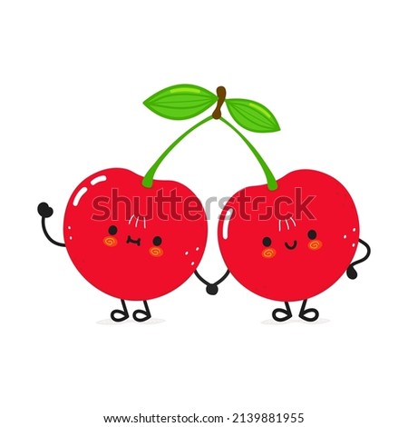Cute funny cherry waving hand character.Vector hand drawn cartoon kawaii character illustration icon. Isolated on white background. Cherry character emoji,child,face,adorable,kids,cartoon,doodle,cute Royalty-Free Stock Photo #2139881955