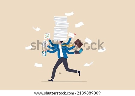 Busy work and multitasking employee, hurry to finish many documents within deadline and schedule, overworked or exhausted from overload tasks concept, stressful businessman carry busy work to finish. Royalty-Free Stock Photo #2139889009