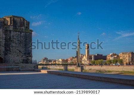View to the Franco monument at the Ebro river in Tortosa, Catalonia, Tarragona, Spain.