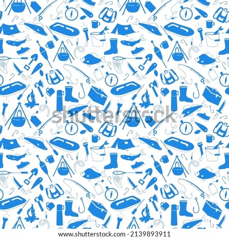 Seamless pattern on the theme of outdoor recreation and fishing, a blue silhouettes of icons on the light background 