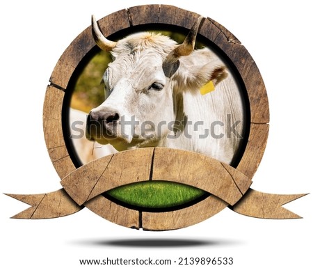 Wooden round sign or icon with a head of a white cow (heifer) with horns and copy space. Isolated on white background with shadow.