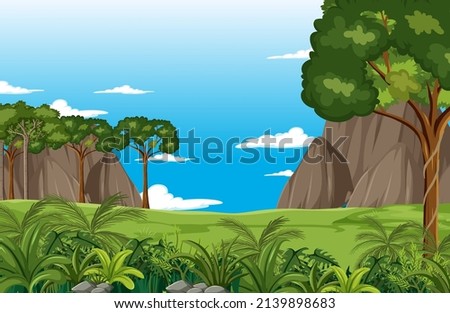 Nature scene with trees and fields illustration