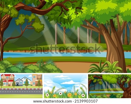 Nature scene with many trees and river illustration