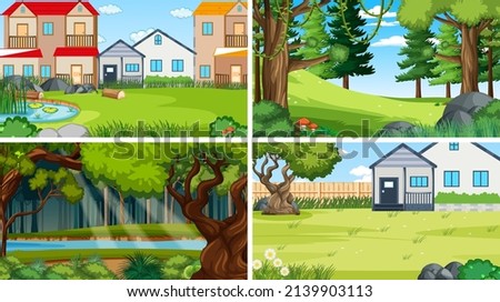 Nature scene with many trees and houses illustration