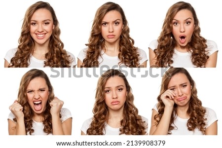collage with different emotions in one young woman ona white background Royalty-Free Stock Photo #2139908379