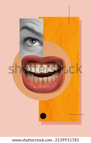 Contemporary art collage. Mosaic design. Female face part expressing emotions of anger, stress. Colorful, conceptual design. Concept of emotions, facial expression, feelings, psychology