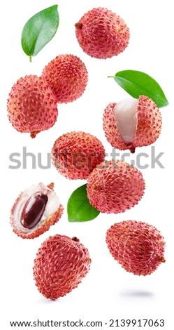 Whole lychee and opened lychee fruit falling on a white background. Royalty-Free Stock Photo #2139917063