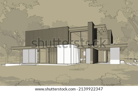 3d rendering of modern cozy house with parking and pool for sale or rent with wood plank facade.  Black line sketch with white spot and hand drawing entourage on craft background