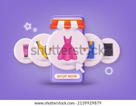Online shopping on application and website concept, digital marketing online, shopping cart with new items on smartphone screen. 3D Web Vector Illustrations. Royalty-Free Stock Photo #2139929879